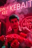 Placeholder: An spanish Guy with big eyes "Enrique" performing at dance club, his name is "Enrique" Red roses On stage, red Neon lights and smog, and "Din KEBAB I NATT" big sign on the wall