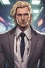 Placeholder: portrait style image of an attractive middle age blonde hair business man in a cyberpunk setting wearing a sharp suit