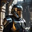 Placeholder: star wars bald male corellian pilot wearing pearlescent black and gunmetal grey First Order special forces heavy assault armor and helmet with gold trim inside the jedi temple, centered portrait, hyperdetailed, dynamic lighting, hyperdetailed background, 8k resolution, volumetric lighting, light skin, fully symmetric details