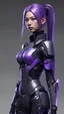 Placeholder: Young tan Scandinavian cyberpunk female with sharp features and extremely long, Tama Sakai like pigtails that start out as black at the scalp and transition into dark purple at the tips, with black, grey, white, and purple coloration futuristic body armor in a realistic style full body view