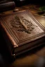 Placeholder: portrait of a brown leather bound book, an oak is embossed on the front cover, the book should look old and mystic