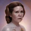 Placeholder: hyperspace background, complete and photo realistic detailed head to waist stunning photo realistic portrait of carrie fisher as Princess Leia in star wars with photo realistic updo hair by Mandy Jurgens and mucha and Richard Schmid and chuck close and chie yoshii, extraordinary and detailed ceremony dress of star wars,brown eyes