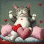 Placeholder: tubby frowny cat lying on its back with paws up on a stack of heart shaped pillows, pouty arrogant expression, whimsical, adorable, dramatic, Valentines day aesthetic, by Michael Sowa and Gary Baseman, modern cartoon art