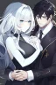 Placeholder: A beautiful young woman with long white hair and blue eyes, pale skin with opal freckles. Wearing a black dress. A man with long black hair in a Victorian suit. Couple.