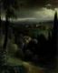 Placeholder: A dark black shadowy Italian city near a forest painted by George Inness