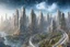 Placeholder: detailed alien cityscape, buildings with balconies, tracks, roads, paths, river, blue sky, white clouds