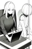 Placeholder: hacker girl use a laptop sitting next o other customers in a cafe, line arts, greyscale