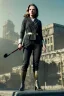 Placeholder: retro portrait image from 1960, city background, wind, long hair, fighting stance, young Scarlett Johansson, classic black tight lycra suit, metal stick weapon, gold bracelet and belt, high heel boots, soft color, highly detailed, unreal engine 5, ray tracing, RTX, lumen lighting, ultra detail, volumetric lighting, 3d, finely drawn, high definition, high resolution.