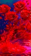 Placeholder: The image is a digital artwork that depicts a red branch of red tree of Red roses and red leaves tangling in to a water in the river with aThe rose floats on the surface of the water, creating a wave-like effect. The background is red , which makes a branch of a tree of red roses stand out even more. Water droplets are scattered adding to the dreamy, ethereal quality of the image.all leaves and background are black