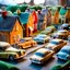 Placeholder: Close-up photograph of a diorama town made of felt, everything is fake, fake cars, fake people, sun, extreme detailed, volumetric light, movie shot, movie shot, noon-light, artistic photography, shot on Hasselblad, pastel colors