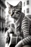 Placeholder: One single mature street cat, friendly, playing guitar, vienna, sunny day, perfect iris, model style, hyper realistic, extremely accurate, delicate, extremely detailed, Graphic novel style, colours, wide-angle, open aperture, superfine pencil