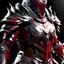 Placeholder: silver and crimson knight armor with glowing red eyes, and a ghostly red flowing cape, crimson trim flows throughout the armor, the helmet is fully covering the face, black and red spikes erupt from the shoulder pads, crimson hair, spikes erupting from the shoulder pads and gauntlets