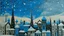 Placeholder: A cyan city in winter season with falling snowflakes designed in African pottery painted by Paul Klee