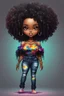 Placeholder: create a colorful abstract silhouette art image 8k of a chibi curvy black female wearing torn jeans pants and a black tie dye off the shoulder blouse. Prominent make up with hazel eyes. Highly detailed long tight curly afro in a hair wrap.