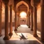 Placeholder: Hyper Realistic Photographic-View Of Dove Sitting On The Traditionally-Crafted-Surface-of-the-Balcony inside Traditional Rajasthani Fort With with sunrays casting Dove's Shadow Traditional-Brown-Pillars & Traditional-Hallway showing dramatic & cinematic ambiance.