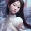 Placeholder: smooth hyper realistic, beautiful smiled Japanese goddess, pale colors, dark cosmos background, cat еye, extremely sharp detail, finely tuned detail, ultra high definition, 8 k, unreal engine 5, ultra sharp focus, accurate sword wings, positive smile, lot of details, fit within portrait, Ambiance winter, perfect composition, perfect hair, perfect hands, finger up gestures