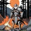 Placeholder: [comics Head Lopper style by Andrew MacLean] The old ranger warrior, clad in padded armor that bore the scars of countless battles, sets his campfire at the edge of the forest. Positioned on a hill, a large rock shields him from the rain, while the flames of the fire illuminate his weathered features in a warm orange glow. His eyes, hardened by a life of combat and survival, scan the surrounding darkness with a steely gaze. The night air is thick with the scent of damp earth and pine, the sound