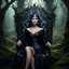 Placeholder: Morena Baccarin as a beautiful sexy dark elf queen seated elegantly on a throne in a mystical forest, dark celtic vignette frame, photo-realistic, cinematic lighting, award-winning photography