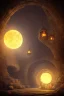 Placeholder: abstract, Moon like lamp in a dwarven mine underground, dungeon