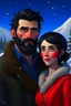 Placeholder: Mountain Christmas scene, dark haired couple, man with short black beard, blue eyes