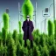 Placeholder: portrait of mad scientist in coat standing by cell towers overgrown with plants, spray paint art, movie poster