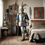Placeholder: jean Rochefort standing in his bedroom as the don quixote of pablo picasso: he is foutraque, in half silver armour, a painted kabyle pot on his head, sandals on his feet, executing a sally walk