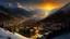 Placeholder: Swiss village in the Engadine, birds eye view, winter sunset, by Robert Camp