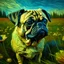 Placeholder: Generate a photorealistic 8K image of a pug with the enchantment inspired by Van Gogh's