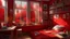 Placeholder: Cozy and beautiful red Girl room It is inspiring and full of beautiful things, and there are posters and pictures on the wall with desk and big window Overlooking a quiet autumn scene with rainy weather, there is a cup of coffee Where steam comes out of the cup on the desk