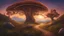 Placeholder: A dreamy landscape with mushrooms and a old, huge tree in the center. Fantasy roads of light going towards the tree. The sun is going down behind the tree. Mountains in the background. Digital Art, Masterpiece. Fantasy. Dream. Dreamy. Surreal.