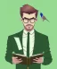 Placeholder: Fit man in round glasses with bookshelf in background,no beard, reading book, slim, tie, monotone, green eyes, comic book style, two tone colours, detailed, ink, realistic, handsome, square jaw, big brows, no jacket, bird on the shoulder, spotlight