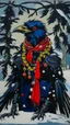 Placeholder: A painting by Miyazaki and Matisse of a human-like crow adorned in a punk leather jacket within a snowy Christmas atmosphere.