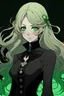 Placeholder: uma vampira loira com cabelos longos e cacheada de pele branca e olhos verdes com roupas de duquesa pretas e de cartola preta em estilo anime