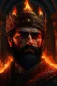 Placeholder: 4k full details, full realism, lights maximum, Portrait roi conquérant cyberpunk, cheveux noirs, barbe, yeux rouges, porte une couronne en feu, palais royal belge en feu