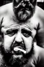 Placeholder: close up photography, dirty burly chubby Italian strong 48 years old homeless man, spitting milk from open mouth, dripping on the beard, with dirty tank top, emotional eyes, manly chest, photo, Canon EOS, lens 35mm, natural lights, 8K, in the morning