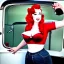 Placeholder: pinup girl, square shirt, red hair, beautiful, cute, red lips, close to a fuel pump.