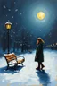 Placeholder: Painting of a lonely young woman. snowy night. park bench. city park. full moon. night time oil painting. expressive brush strokes. solitude