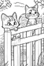 Placeholder: coloring page for kids, Cats on a fence, cartoon style, thick lines, low detail, no shading