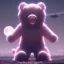 Placeholder: post apocalyptic setting with pastel pink teddy bear sitting on the ground