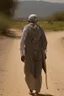 Placeholder: An old man wearing an Arabic keffiyeh, his back bent, walking barefoot, holding his cane upside down, looking back and holding his shoe in his hand.