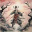 Placeholder: Chinese watercolor on silk painting, fantastical Lovecraftian Samuri warrior in a zen cherry blossom garden, dynamic composition, large sun in background, natural lighting, spring colors, complex contrast, vertical Chinese calligraphy, epic masterpiece