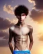 Placeholder: beautiful 12 year old arabic boy with long, curly hair and light blue eyes,shirtless, in front of a distant temple