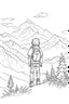 Placeholder: outline art for a kid's coloring page, a child looking up at the mountains, white background, sketch style, full body, only use outline, clean art , white background, no shadows and clear well outlined