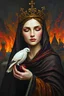 Placeholder: painting of a woman with a bird on her hand, Princess Olga, Dragan Bibin style, emotion, dove, oil, acrylic, crown, Russian heritage, dark fiery background of the ancient city