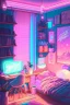 Placeholder: a drawing of the girl's room is adorned with neon and light up posters, in the style of pastel, anime aesthetic