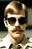 Placeholder: Young Jeffrey Dahmer in sheriff uniform with sunglasses and a mustache