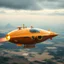 Placeholder: award winning photograph of a steampunk house-fly ufo dirigible designed by only one vehicle per image painted metallic orange traveling at a high rate of speed, jet intake off of front center of vehicle and jet exhaust out the rear bilaterally symetrical,