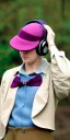 Placeholder: Everything she wear is in the image. of a woman, plum-blue-magenta-camouflage. She wears mantel and simple blouse.Felt cloth visor with tippet. SMALL FELT CAP is merged to Old AKG headphones with recognizable Golden rings! cloth materials are denim and felt cloth mixed. Fashion 1990's. Colors: Cream white, zinc plate, red ochre, ochre, orange - all mixed. Thick tights. Thick calves. She is in figure from top to toe.