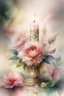 Placeholder: MAGIC A PYRAMID CANDLE IS BURNING AROUND WONDERFUL FLOWERS English watercolor, Smoky cream, pale gray, pale pink, pink background. bright light, a bouquet of roses on the table are pale pink, pale bordeaux, white, ochre. green stems, the light is translucent. Watercolor, fine ink drawing, peonies in an hourglass, elegant gold inlay, rich interior