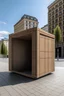 Placeholder: Big sand cube with door in the middle of a street in modern city